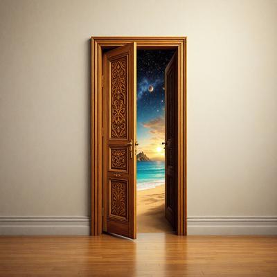 The primary subject of the image is a door with a painting of a beach on it. The door is open, revealing the painting of the beach. The setting is a room with a white wall behind the door. The visual style is a painting, and the colors and mood are bright and inviting.